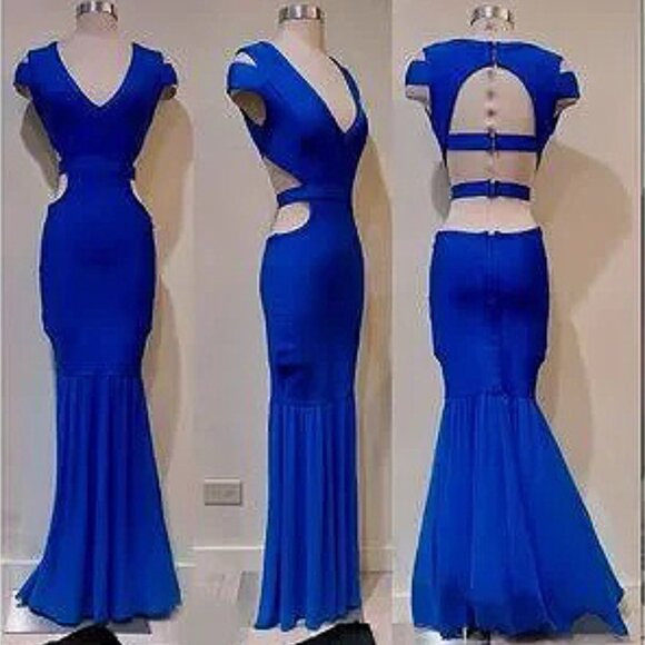 💥KILLER DRESS💥 Vintage Royal Blue Bandage Cut Out Mermaid Gown - Picture 1 of 15